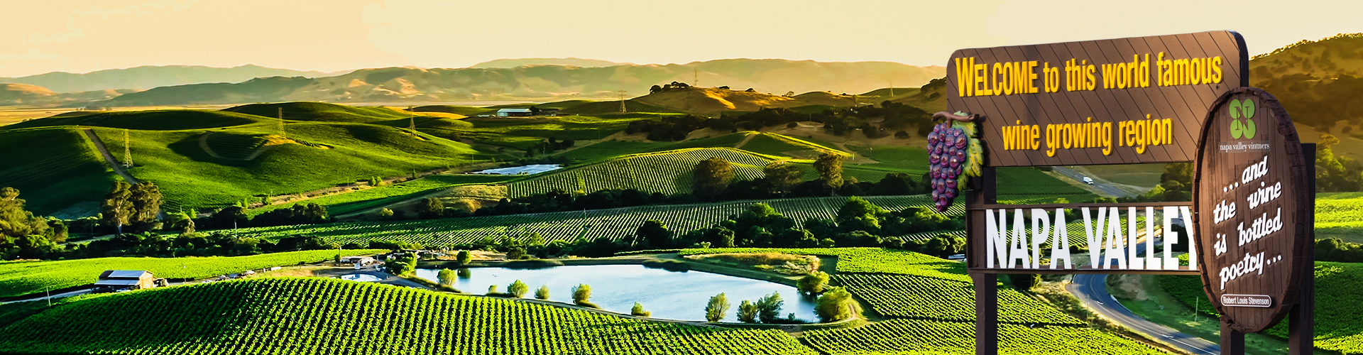 Aerial view of acres upon acres of vibrant green wineries with a sign for Napa Valley
