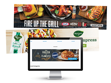A computer screen showing a long, horizontal ecommerce ad with two more ads in the background