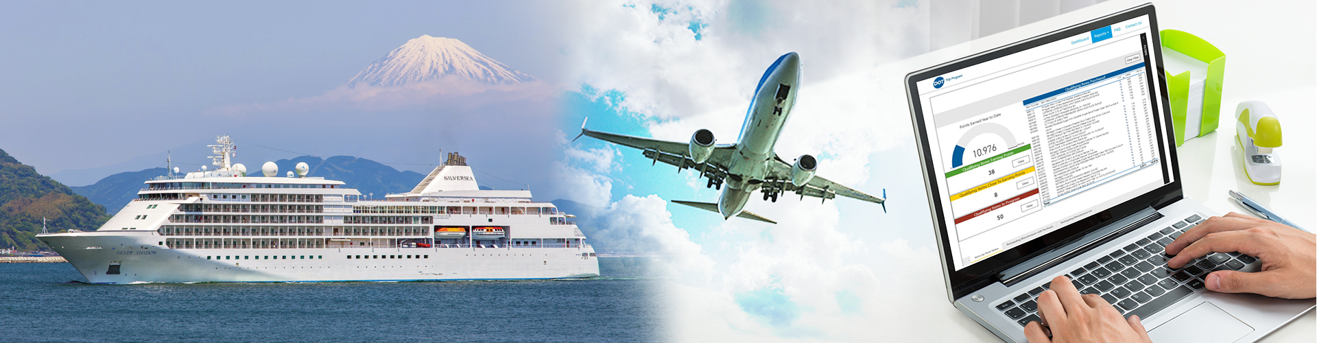 Collage showing cruise ship, airplane, and dashboard on a laptop