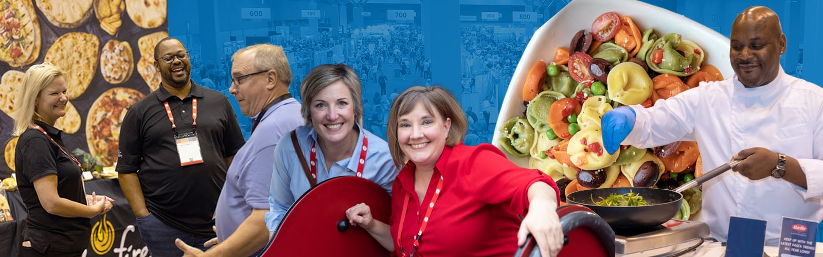 Collage showing trade show floor, people in name tags smiling and talking, and a chef preparing food in a pan.