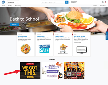 Arrow pointing to three ecommerce ads on website homepage